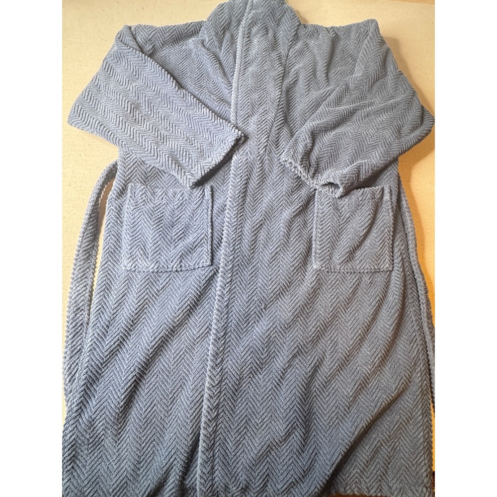 Linum 100% Turkish Cotton Spa Robe XL Blue Herringbone Shawl Collar Luxury Robe - Picture 2 of 7
